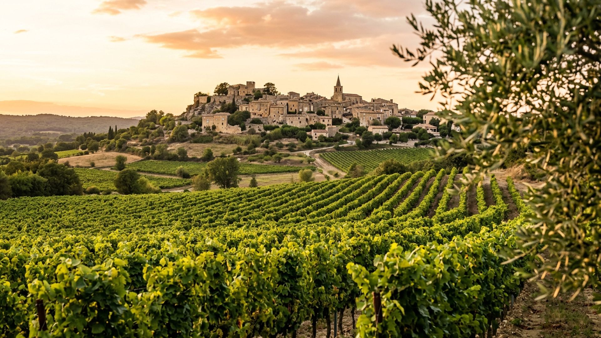 Vue sur les vignes et un village provençal au coucher du soleil, ambiance Évasion Provence à Salon-de-Provence